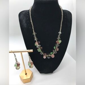 Vtg 50s Austrian Necklace Earring Set Pink Green Smokey Aurora Borealis Crystals